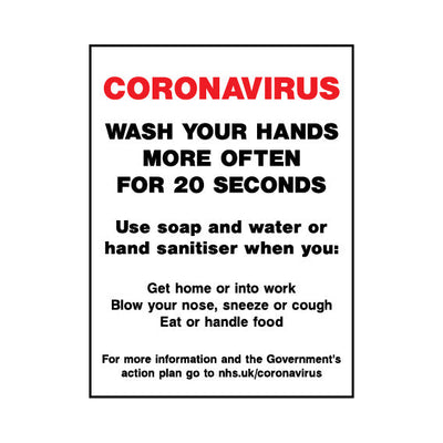 Coronavirus - Wash Your Hands More Often For 20 Seconds - Portrait Sign FPH108 FPH PT1
