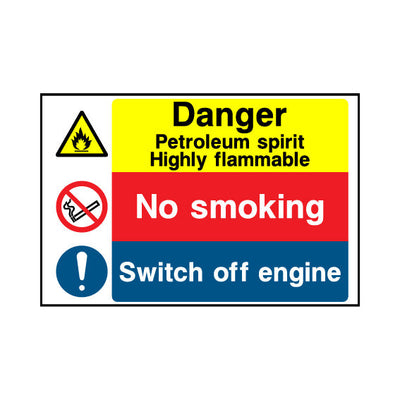 Danger - Petroleum Spirit - Highly Flammable - No Smoking - Switch Off Engine - Landscape Sign MTP025 MTP LN1