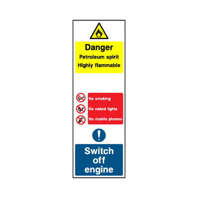 Danger - Petroleum Spirit - Highly Flammable - No Smoking - Switch Off Engine - Portrait Sign MTP036 MTP PT3