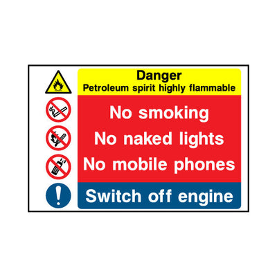 Danger - Petroleum Spirit Highly Flammable - No Smoking - No Naked Lights - No Phones - Landscape Sign MTP033 MTP LN1