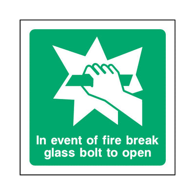 In Event Of Fire Break Glass Bolt To Open - Square Sign EE062 EE SQ1