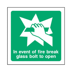 In Event Of Fire Break Glass Bolt To Open - Square Sign EE062 EE SQ1