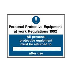 Personal Protective Equipment At Work Regs 92 - All PPE Must Be Returned To... - Landscape Sign PC018 PC LN1