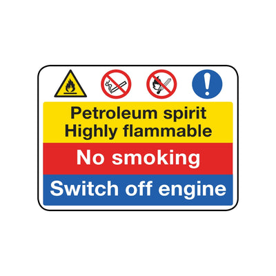Petroleum Spirit Highly Flammable - No Smoking - Switch Off Engine Sign