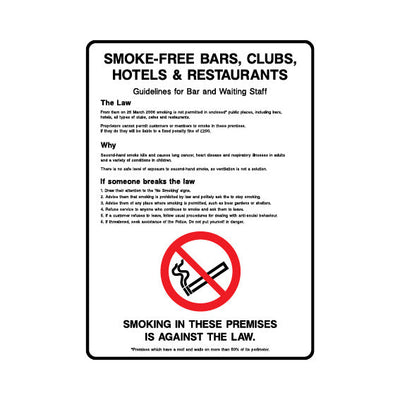 Smoke-free Bars, Clubs, Hotels & Restaurants - Guidelines For Bar And Waiting Staff - Portrait Sign SP083 SP PT1