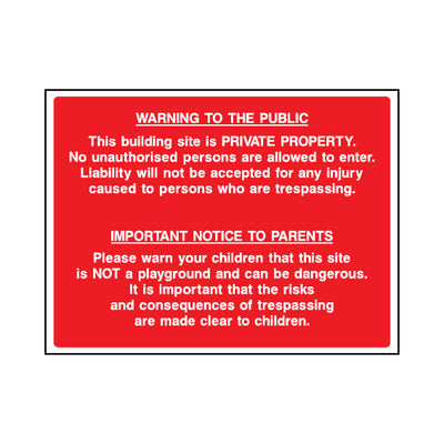 Warning To Public - Private Property - Important Notice To Parents - Landscape Sign - LN1 CN082 CN