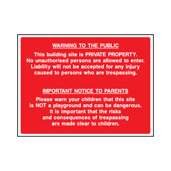 Warning To Public - Private Property - Important Notice To Parents - Landscape Sign - LN1 CN082 CN